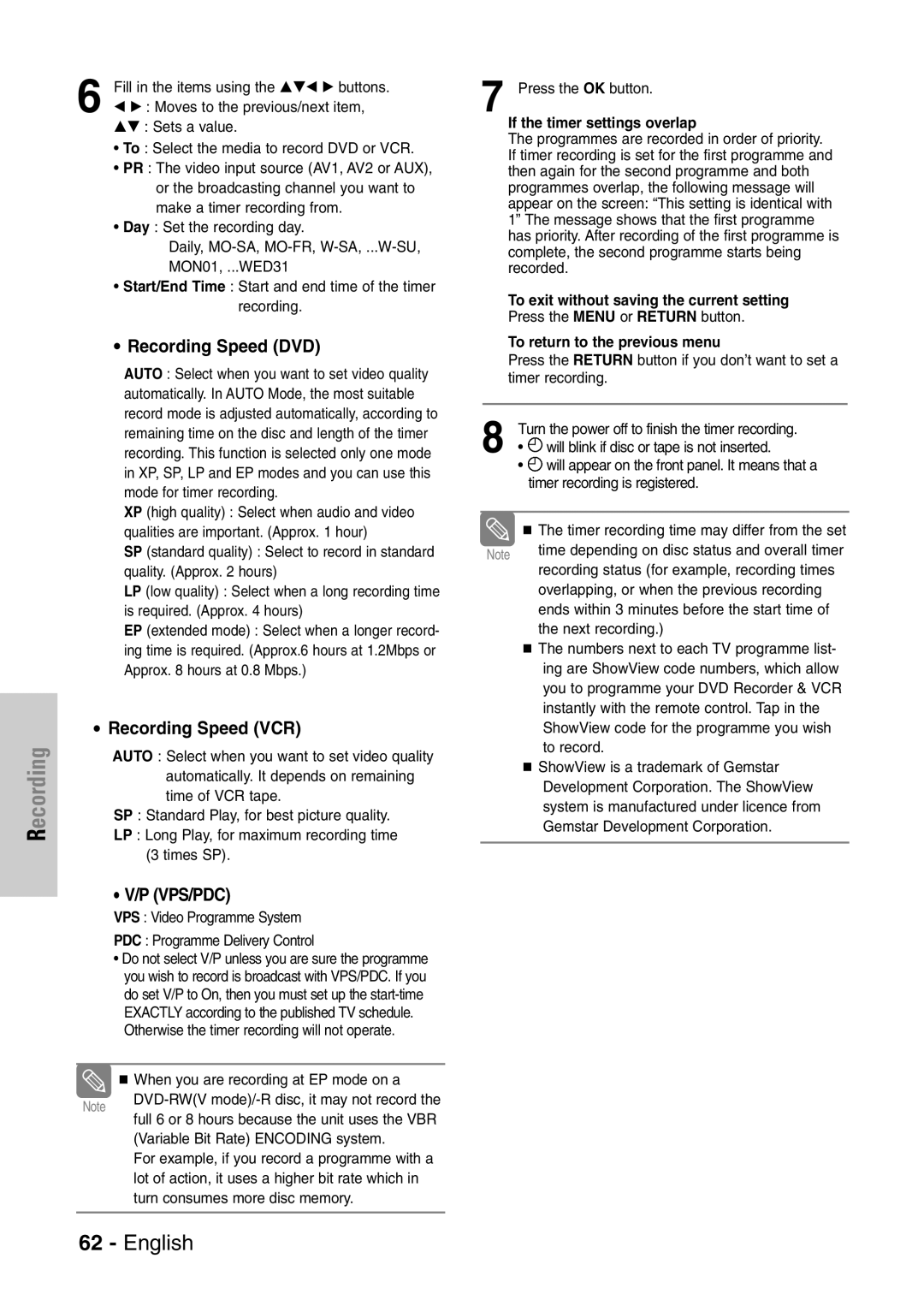 Samsung DVD-VR320/EUR manual Recording Speed DVD, Recording Speed VCR, If the timer settings overlap 