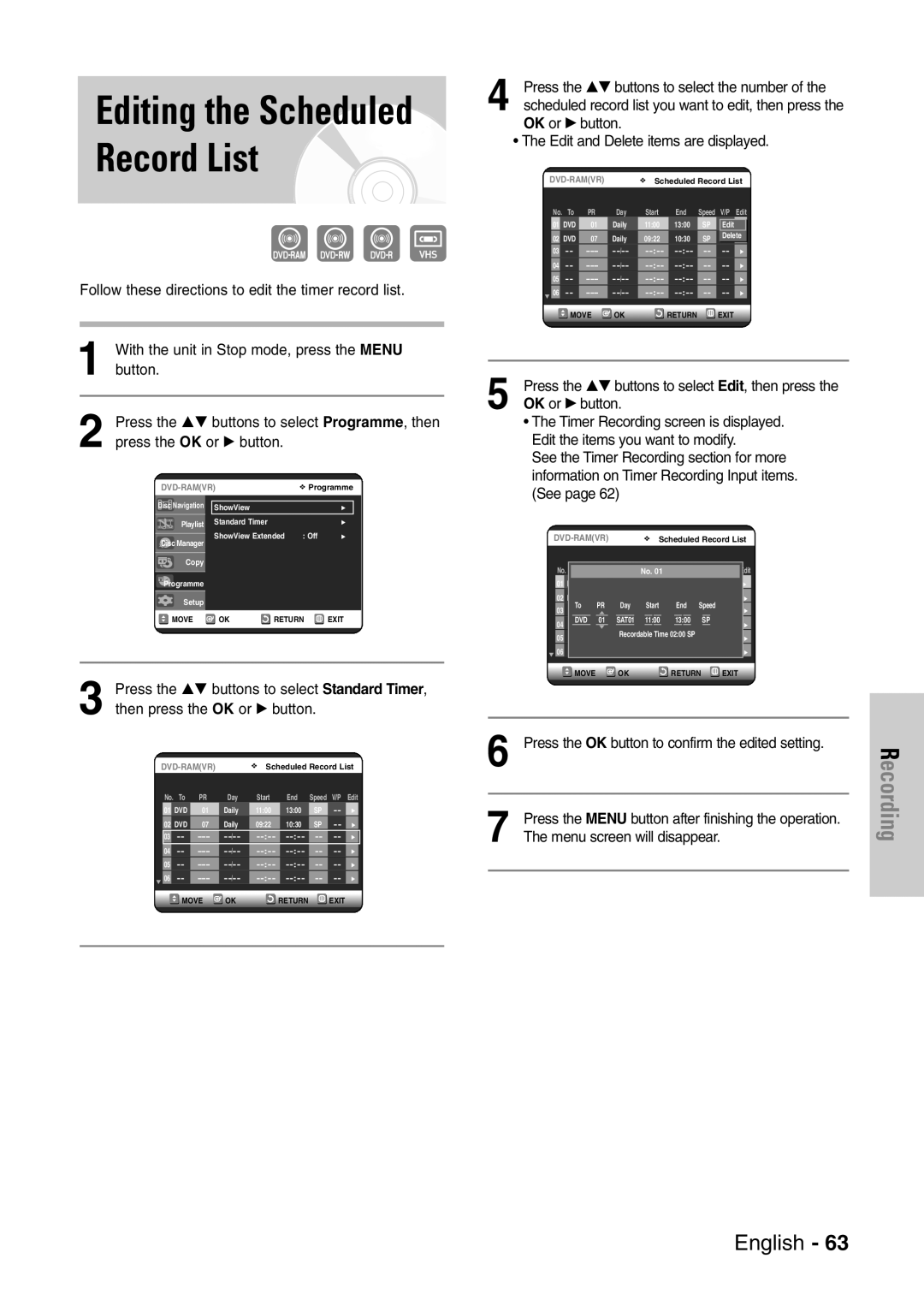 Samsung DVD-VR320/EUR manual Press the …† buttons to select Standard Timer, Press the …† buttons to select the number 