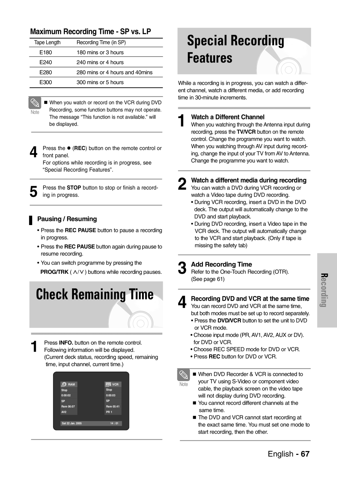 Samsung DVD-VR320/EUR manual Special Recording Features, Maximum Recording Time SP vs. LP, Watch a Different Channel 