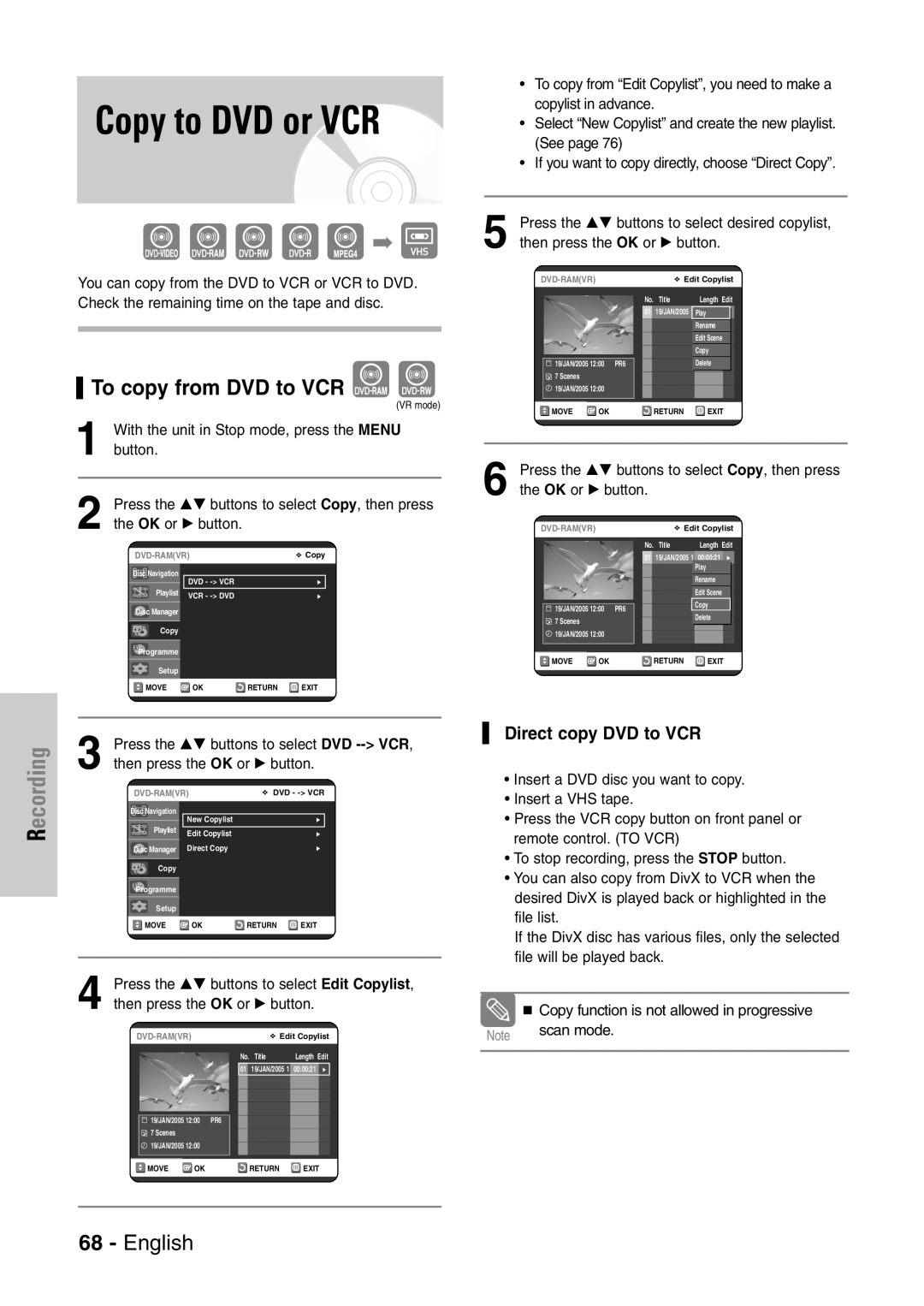 Samsung DVD-VR320/EUR manual Copy to DVD or VCR, To copy from DVD to VCR, Direct copy DVD to VCR 