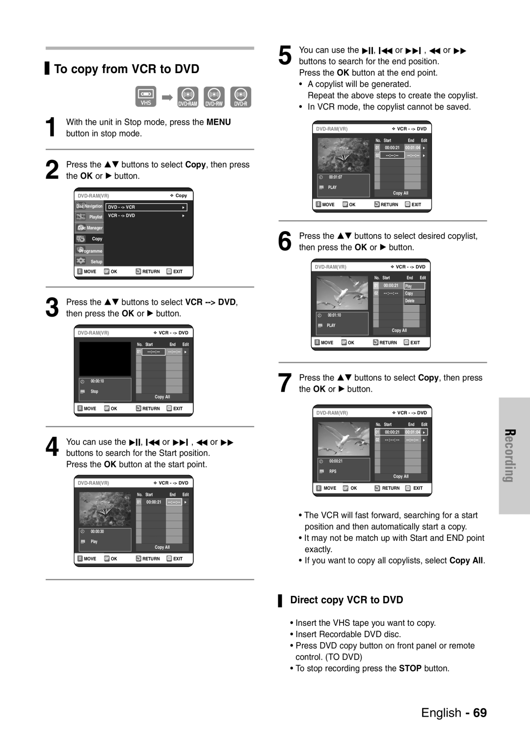 Samsung DVD-VR320/EUR manual To copy from VCR to DVD, Direct copy VCR to DVD 