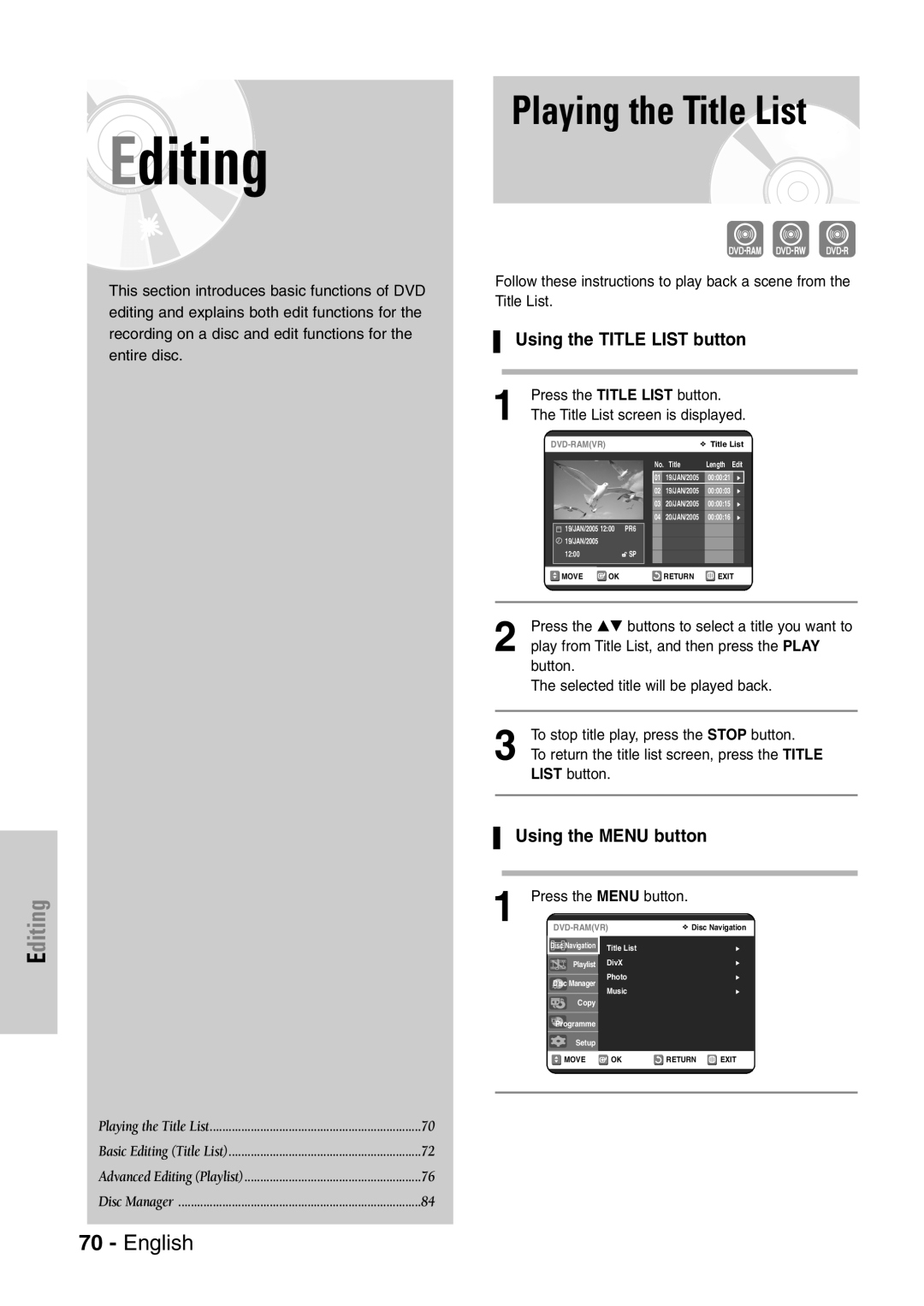 Samsung DVD-VR320/EUR manual Playing the Title List, Using the Title List button, Using the Menu button 