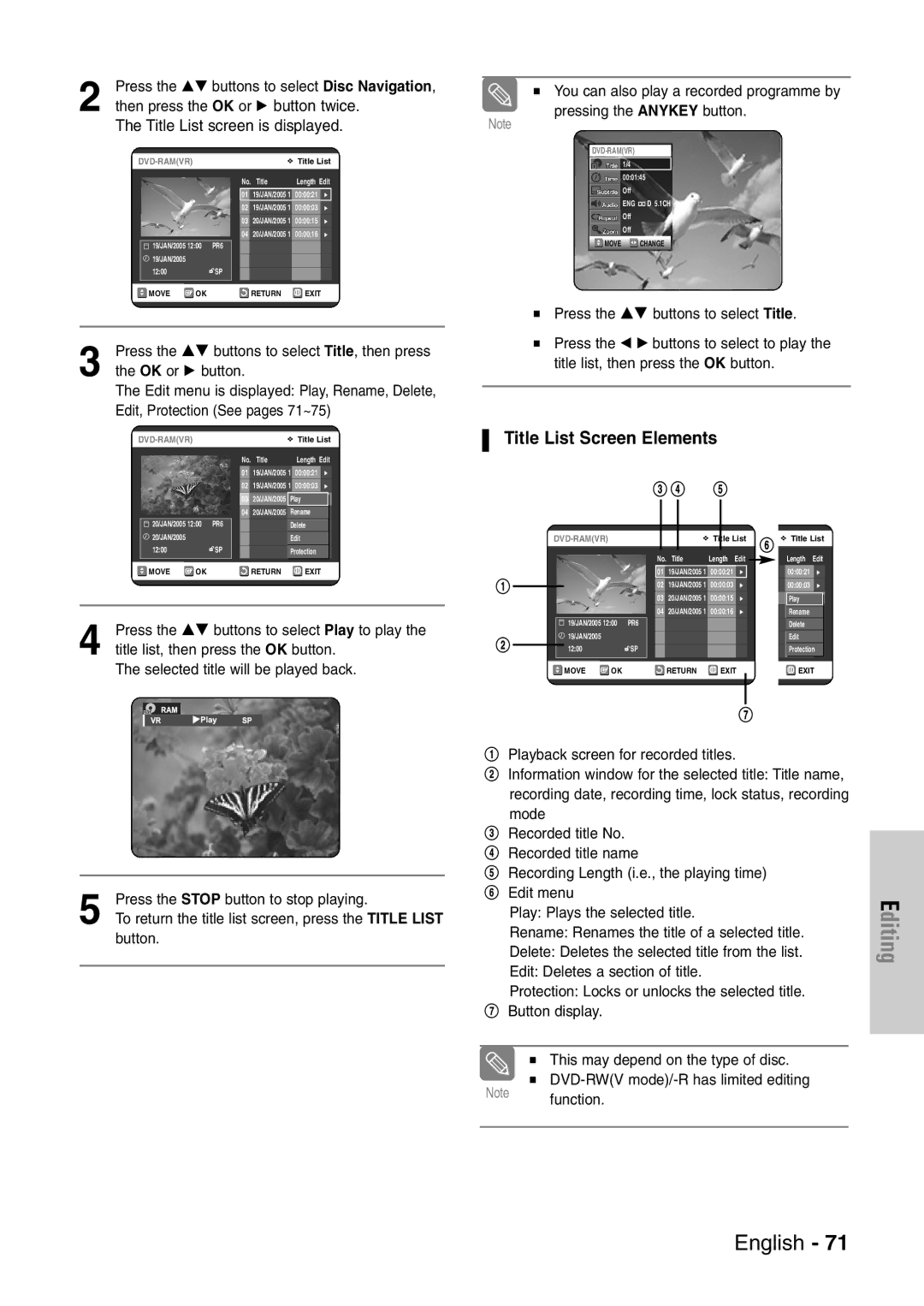 Samsung DVD-VR320/EUR manual Title List Screen Elements, Press the …† buttons to select Play to play 