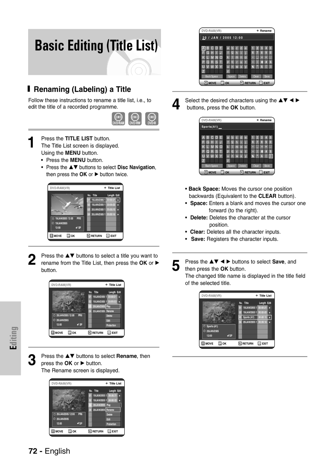 Samsung DVD-VR320/EUR manual Renaming Labeling a Title 