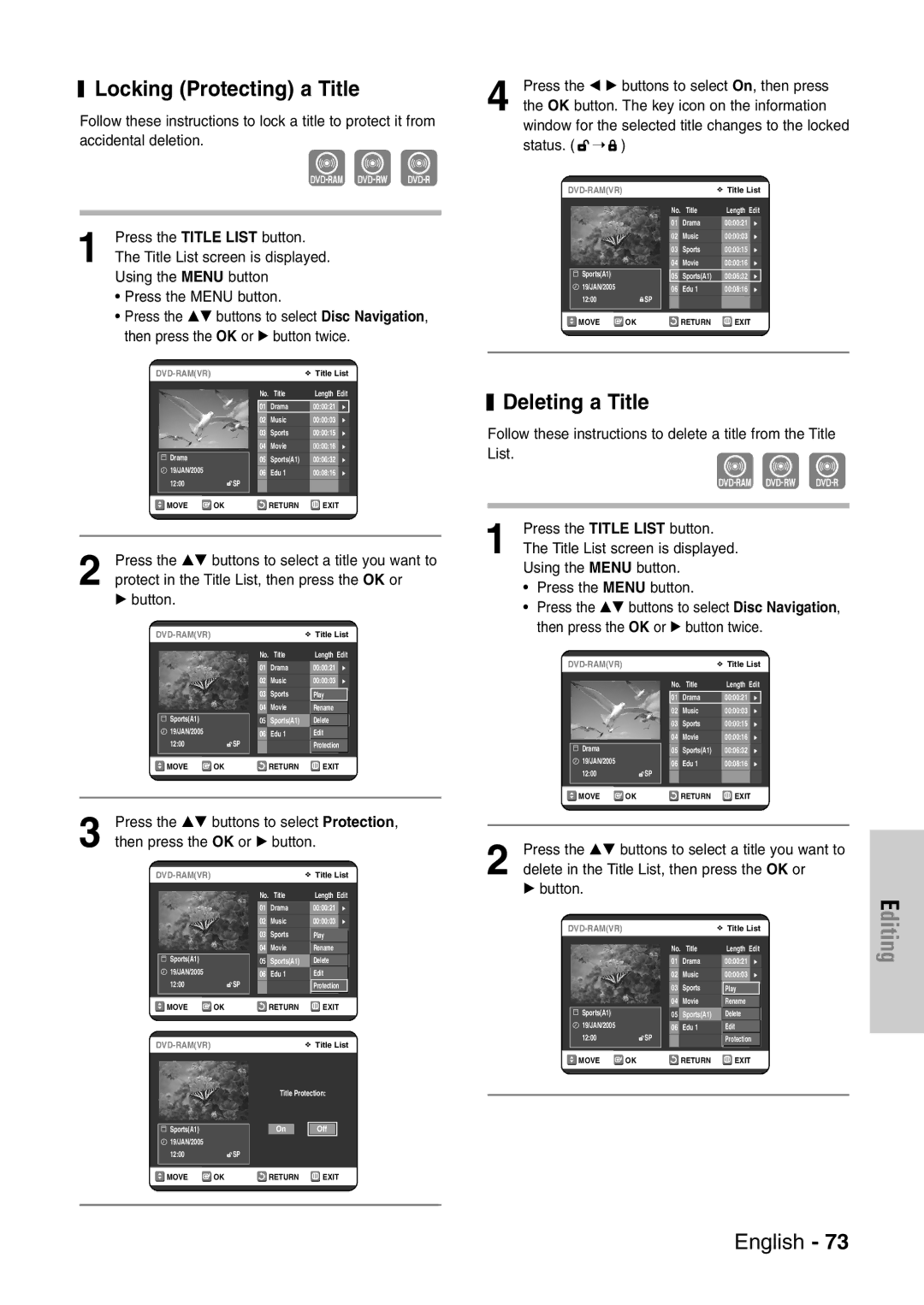 Samsung DVD-VR320/EUR manual Locking Protecting a Title, Deleting a Title 