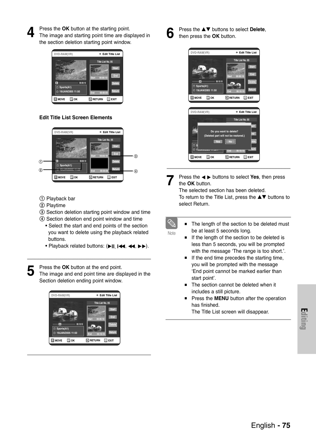 Samsung DVD-VR320/EUR manual Edit Title List Screen Elements 