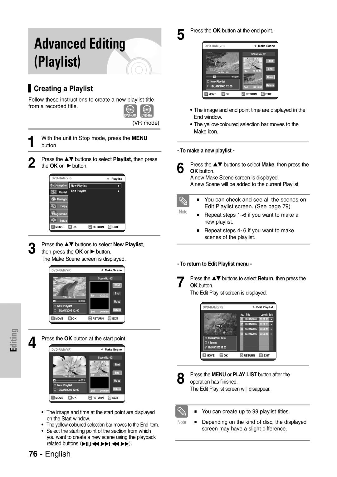 Samsung DVD-VR320/EUR Advanced Editing, Creating a Playlist, To make a new playlist, To return to Edit Playlist menu 