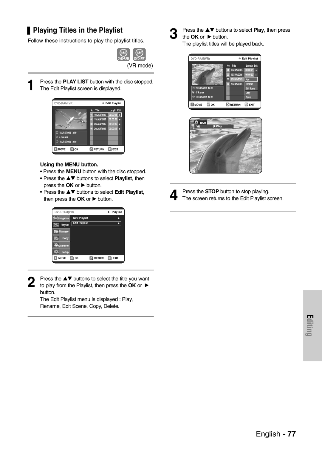 Samsung DVD-VR320/EUR manual Playing Titles in the Playlist, Edit Playlist screen is displayed, Using the Menu button 