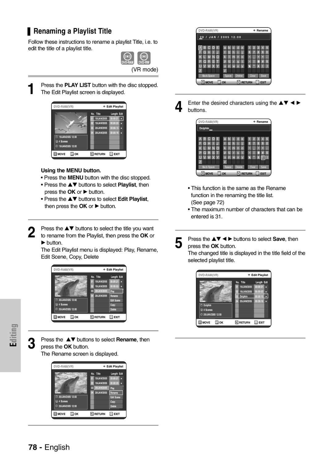 Samsung DVD-VR320/EUR manual Renaming a Playlist Title, Selected playlist title 