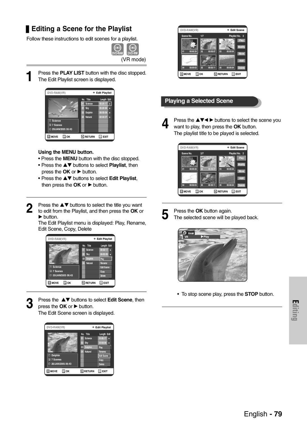 Samsung DVD-VR320/EUR manual Editing a Scene for the Playlist, Follow these instructions to edit scenes for a playlist 