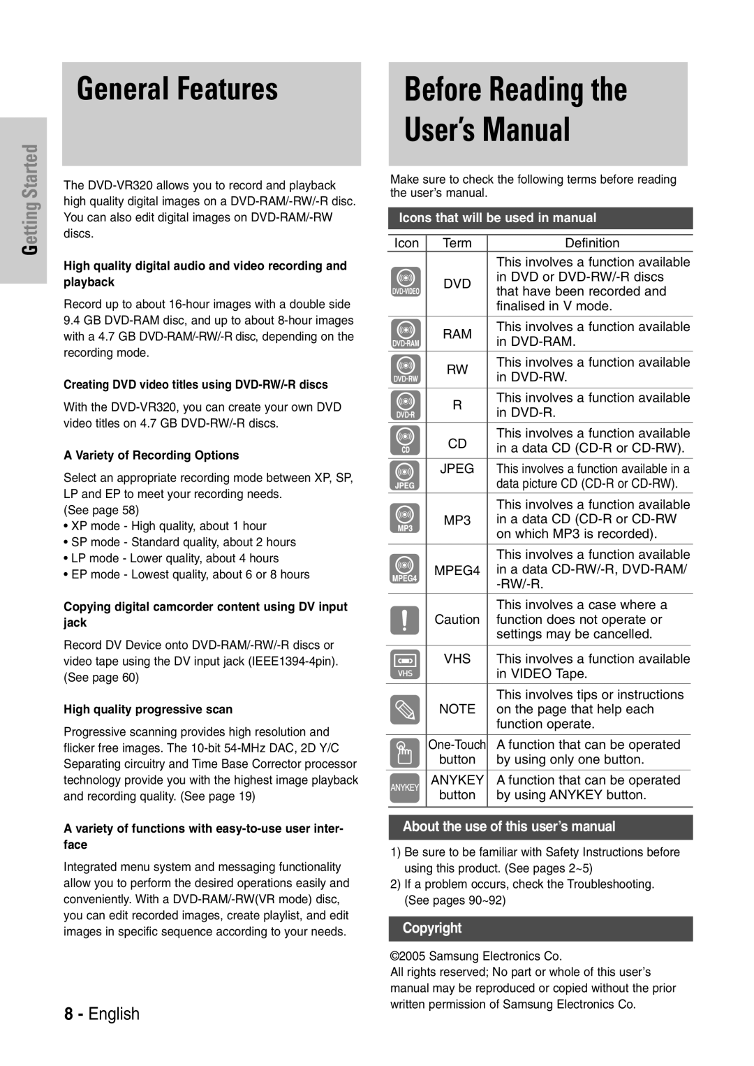 Samsung DVD-VR320/EUR manual Before Reading User’s Manual, General Features 