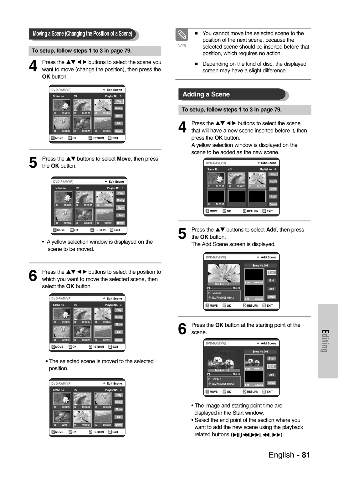 Samsung DVD-VR320/EUR manual Press the …† œ √ buttons to select the scene, OK button Add Scene screen is displayed 