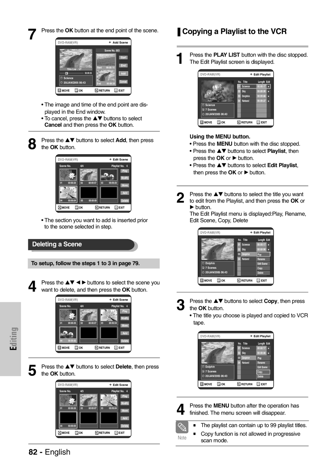 Samsung DVD-VR320/EUR manual Copying a Playlist to the VCR, To setup, follow the steps 1 to 3 