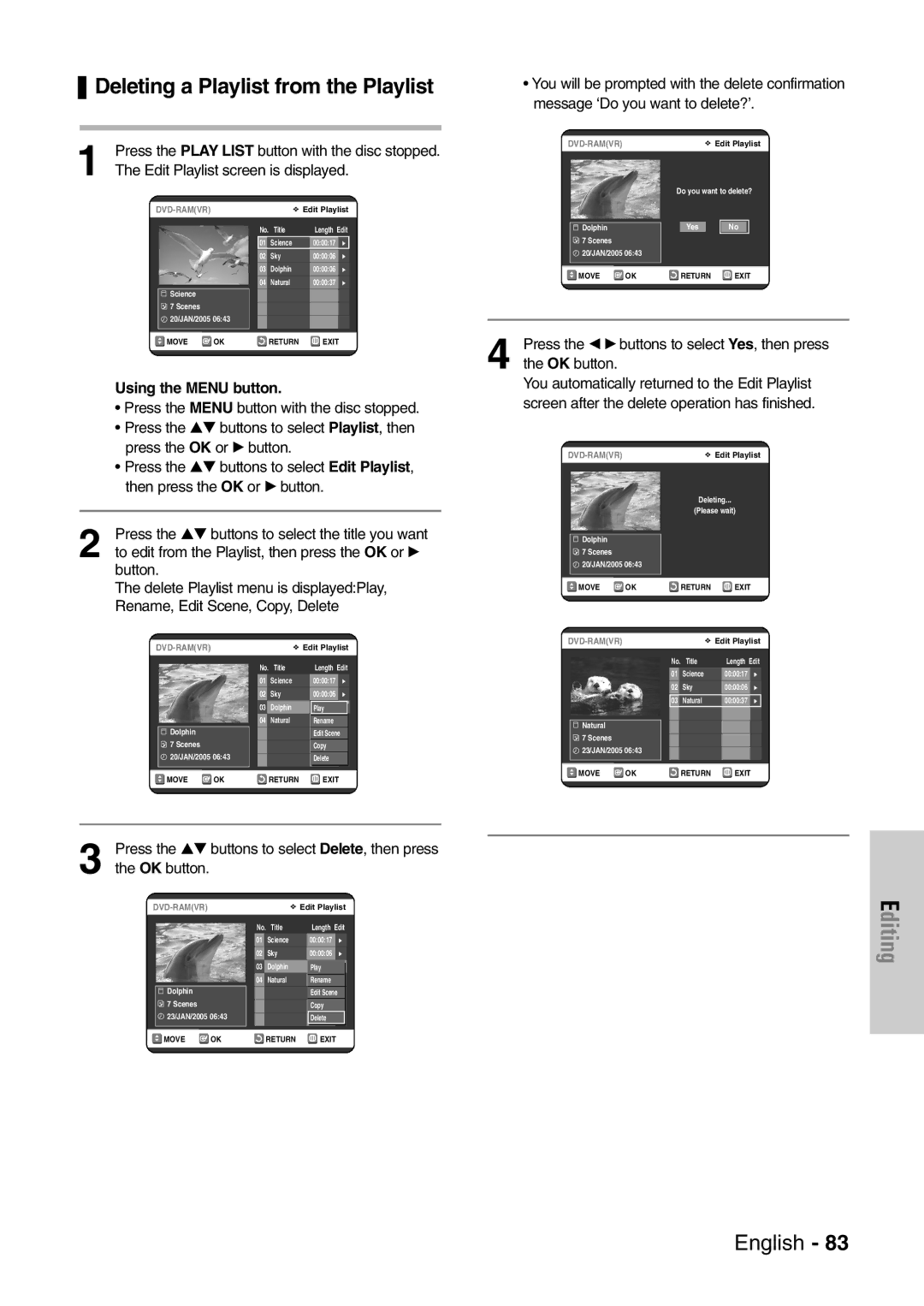 Samsung DVD-VR320/EUR manual Deleting a Playlist from the Playlist 