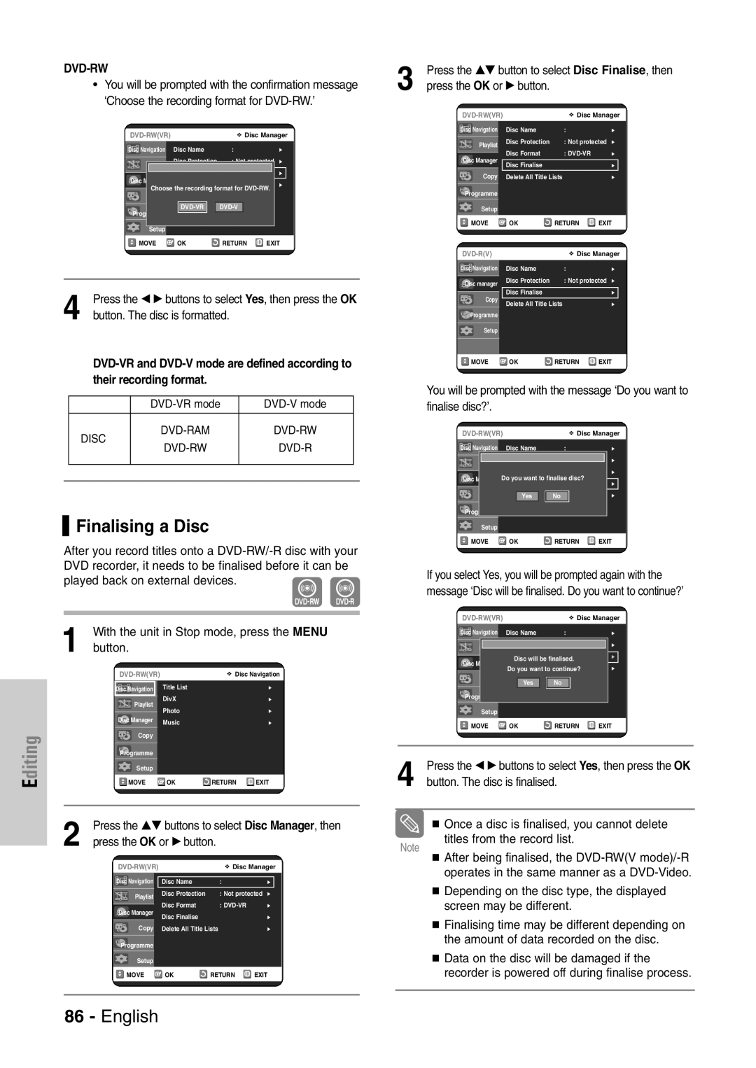 Samsung DVD-VR320/EUR manual Finalising a Disc, Their recording format 