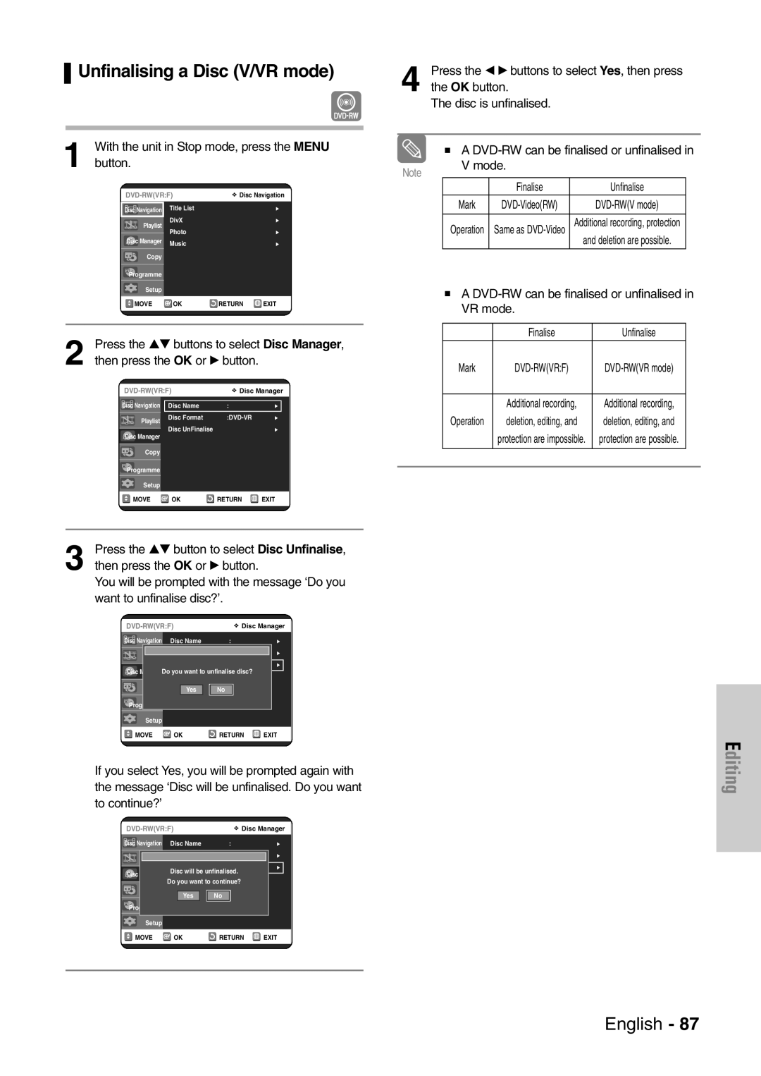 Samsung DVD-VR320/EUR manual Unfinalising a Disc V/VR mode, Finalise Unfinalise, Want to unfinalise disc?’ 