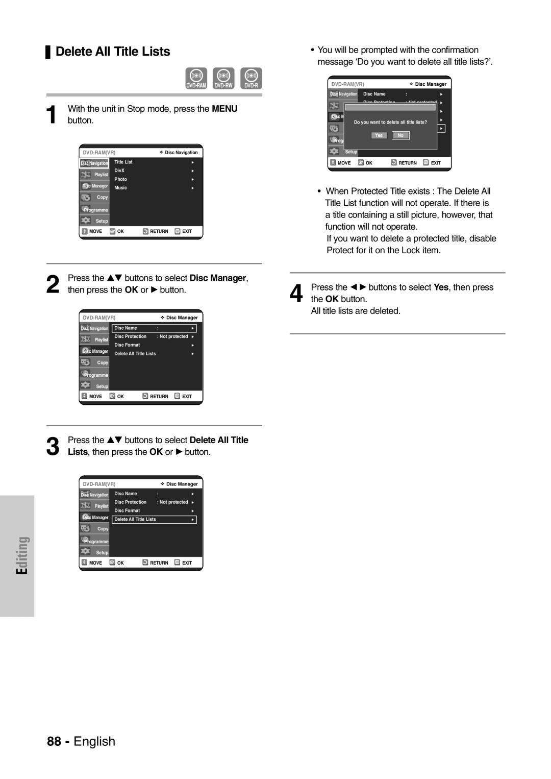 Samsung DVD-VR320/EUR manual Delete All Title Lists, Lists, then press the OK or √ button 