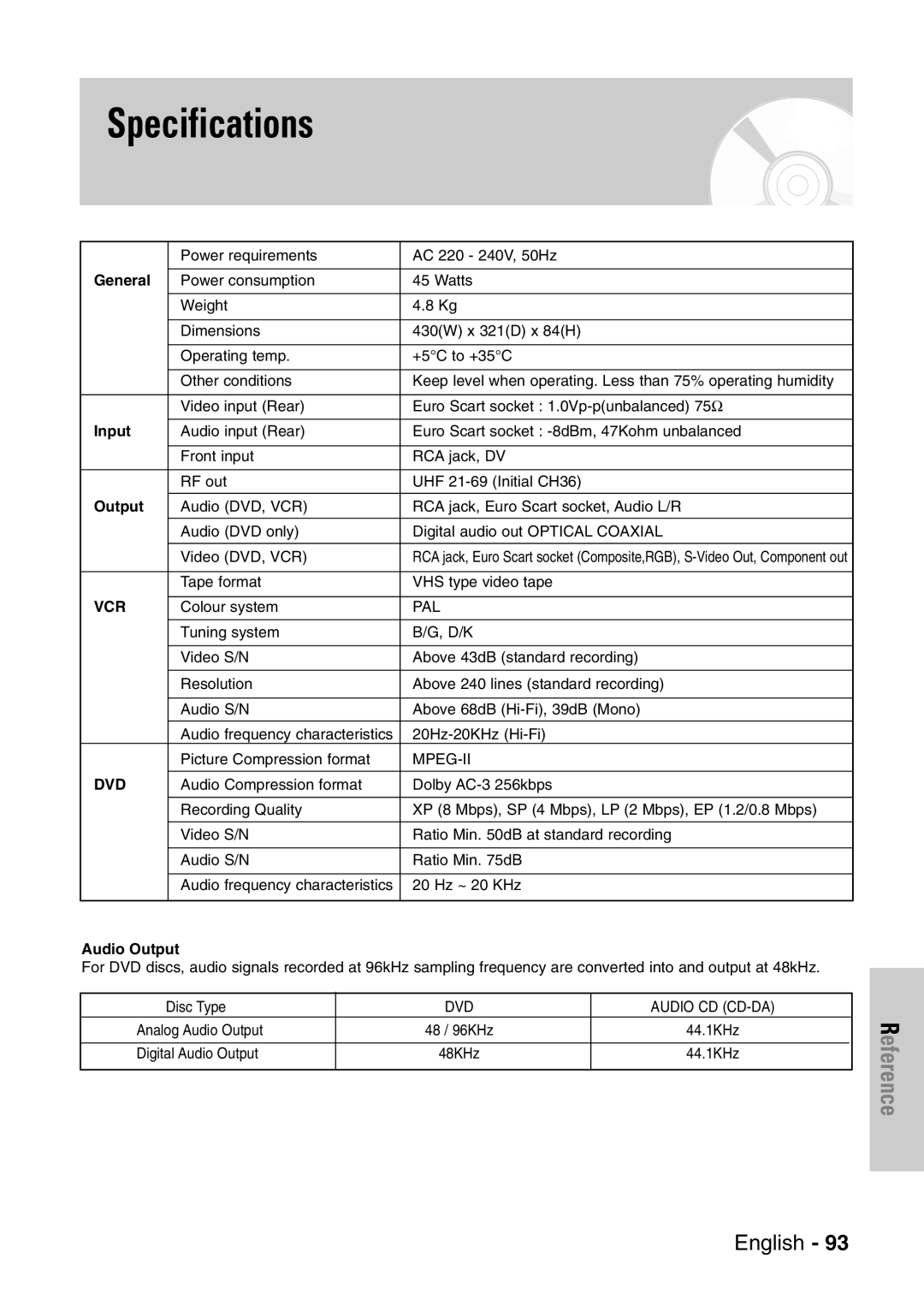 Samsung DVD-VR320/EUR manual Specifications, General, Input, Audio Output 