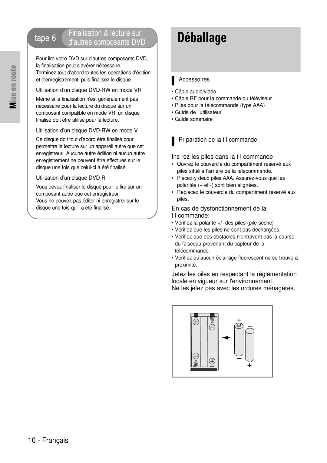 Samsung DVD-VR320P, DVD-VR320/XEF manual Déballage, Accessoires, En cas de dysfonctionnement de la télécommande 