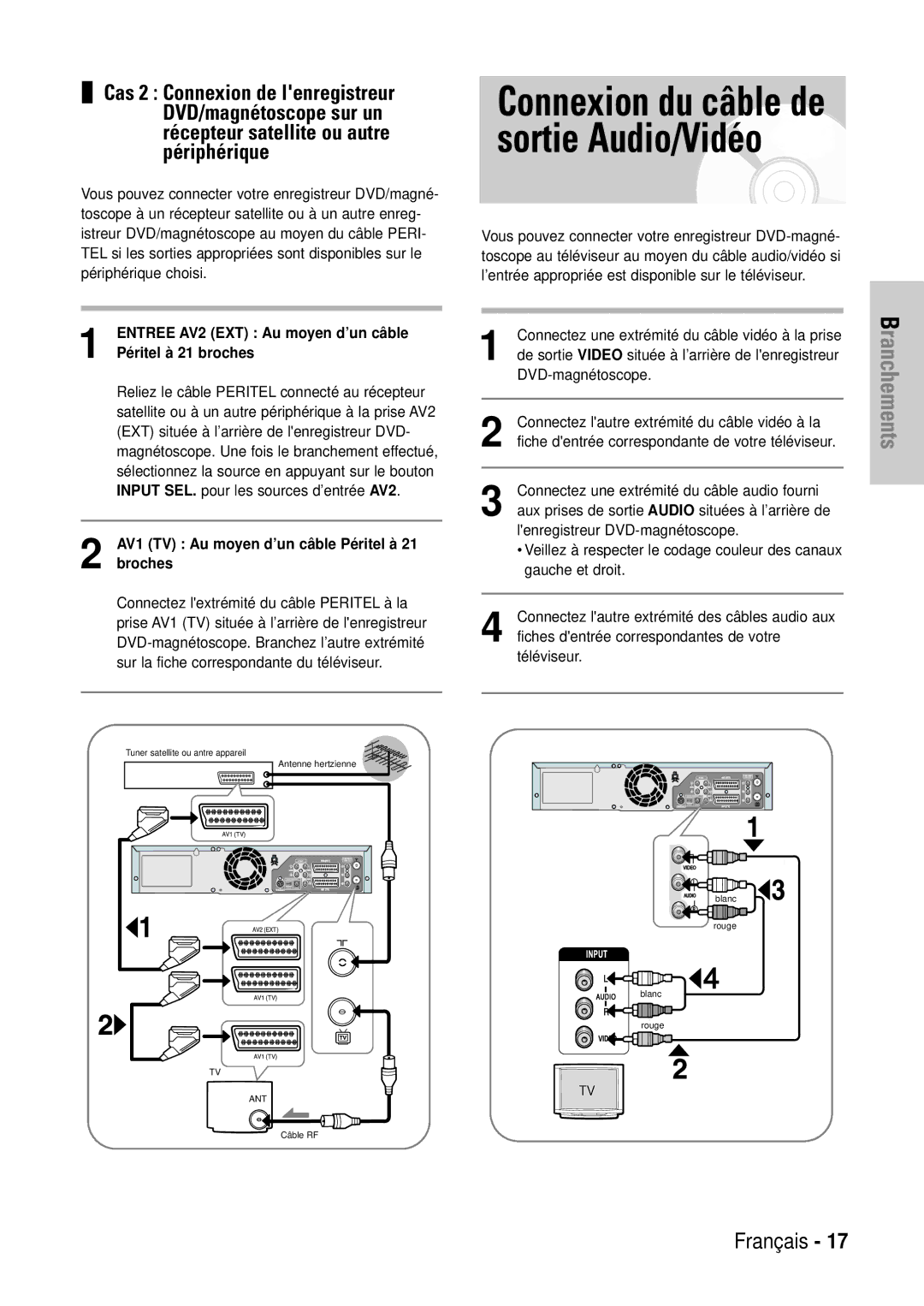 Samsung DVD-VR320/XEF, DVD-VR320P manual AV1 TV Au moyen d’un câ ble Pé ritel à 21 broches 