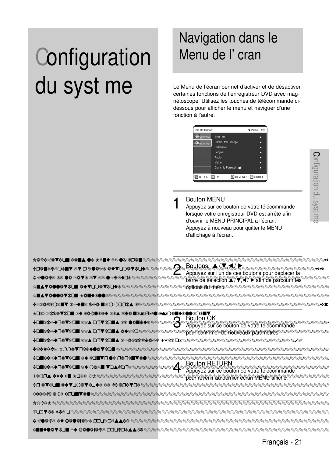 Samsung DVD-VR320/XEF, DVD-VR320P manual Navigation dans le Menu de lécran, Boutons … / †,œ / √, Bouton OK, Bouton Return 