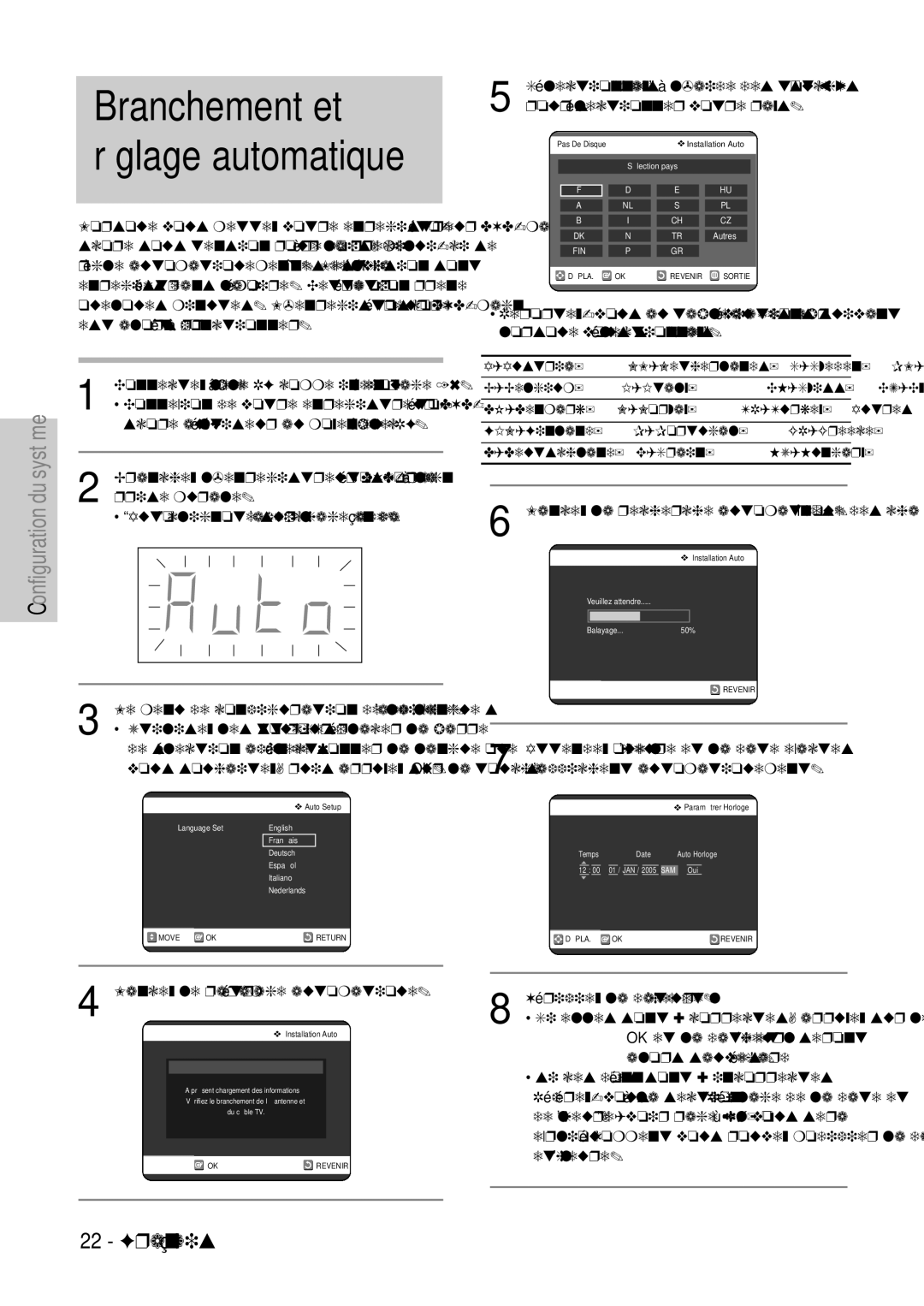 Samsung DVD-VR320P, DVD-VR320/XEF manual Branchement et réglage automatique, Sélectionnez Pays à laide des touches …† œ √ 