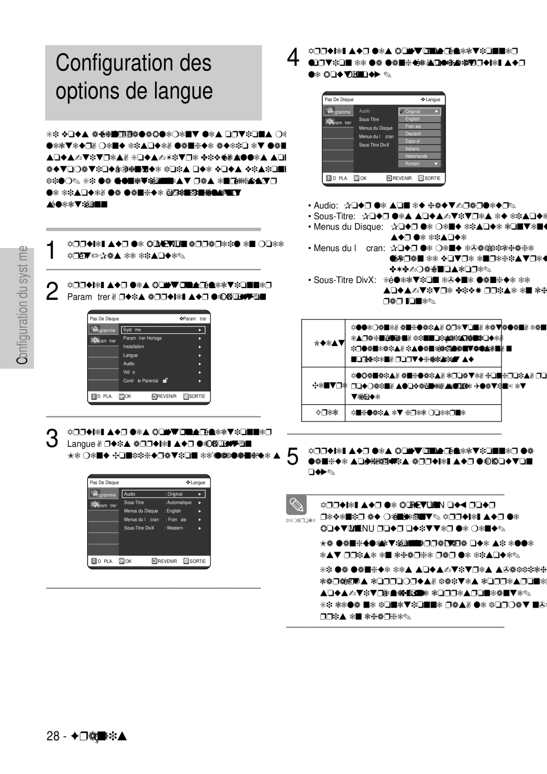 Samsung DVD-VR320P, DVD-VR320/XEF manual Configuration des options de langue, Langue, puis appuyez sur le bouton OK ou √ 