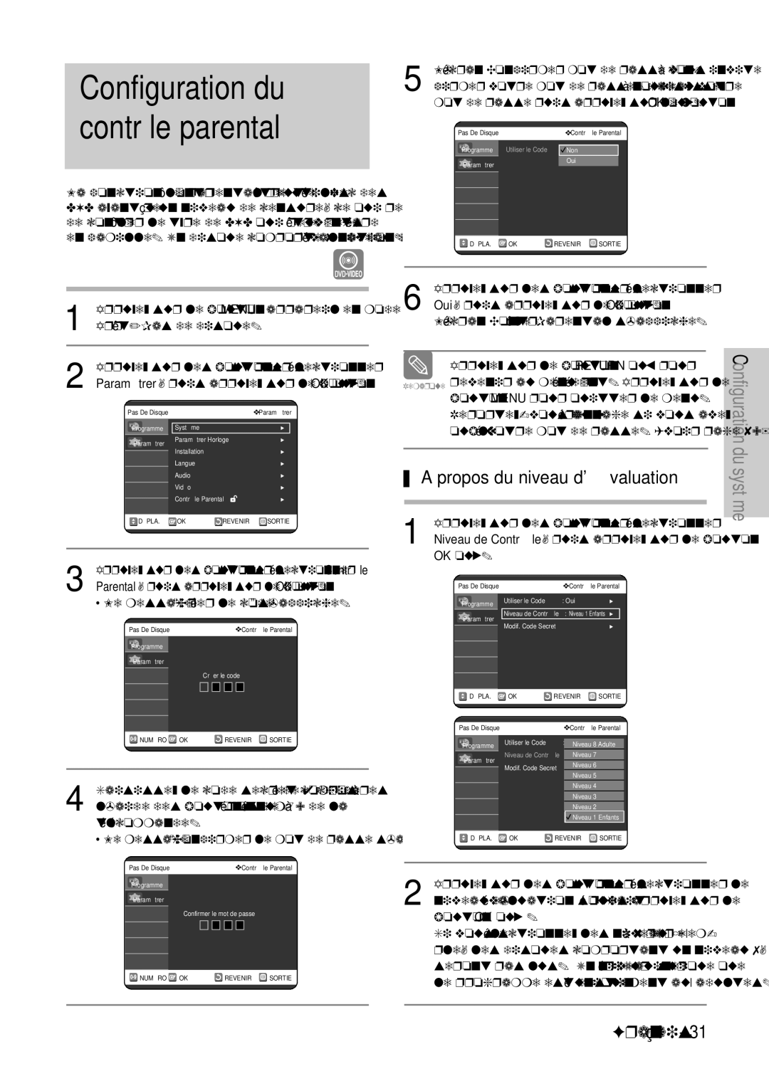 Samsung DVD-VR320/XEF, DVD-VR320P manual Configuration du contrôle parental, Propos du niveau dé valuation 