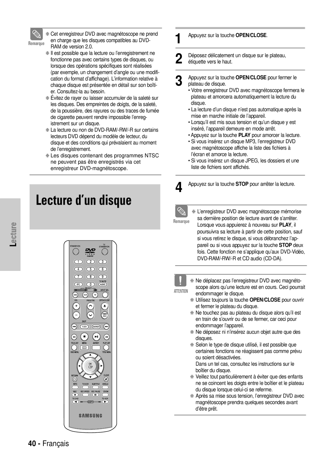 Samsung DVD-VR320P Plateau de disque, Mise en marche initiale de l’appareil, Inséré, l’appareil demeure en mode arrêt 