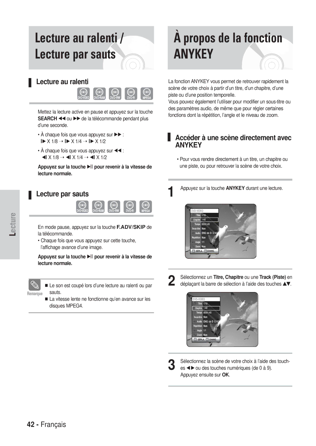 Samsung DVD-VR320P manual Lecture au ralenti Lecture par sauts, Accéder à une scène directement avec, Lecture normale 