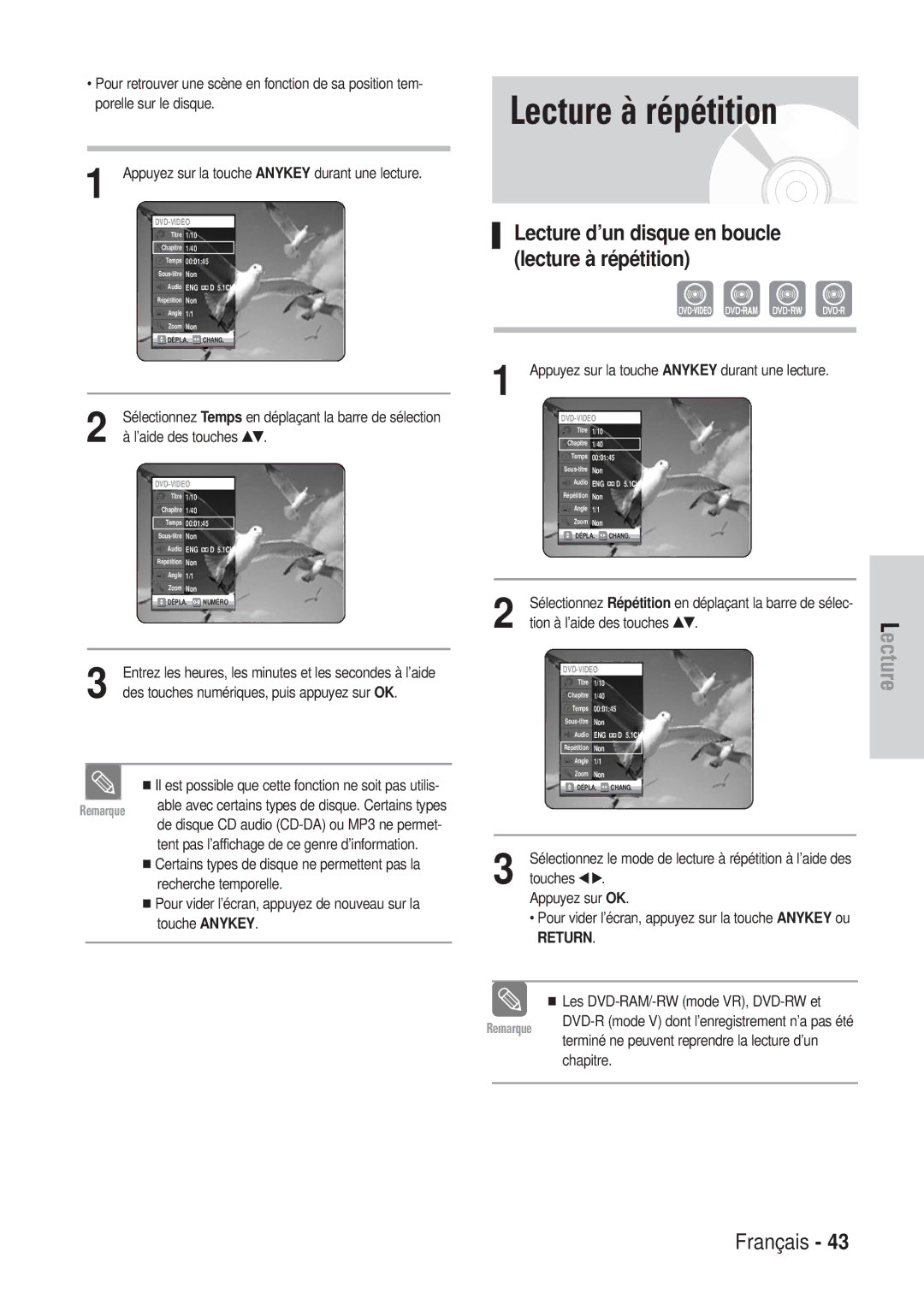 Samsung DVD-VR320/XEF Lecture à répétition, Tion à l’aide des touches …†, Les DVD-RAM/-RW mode VR, DVD-RW et, Chapitre 