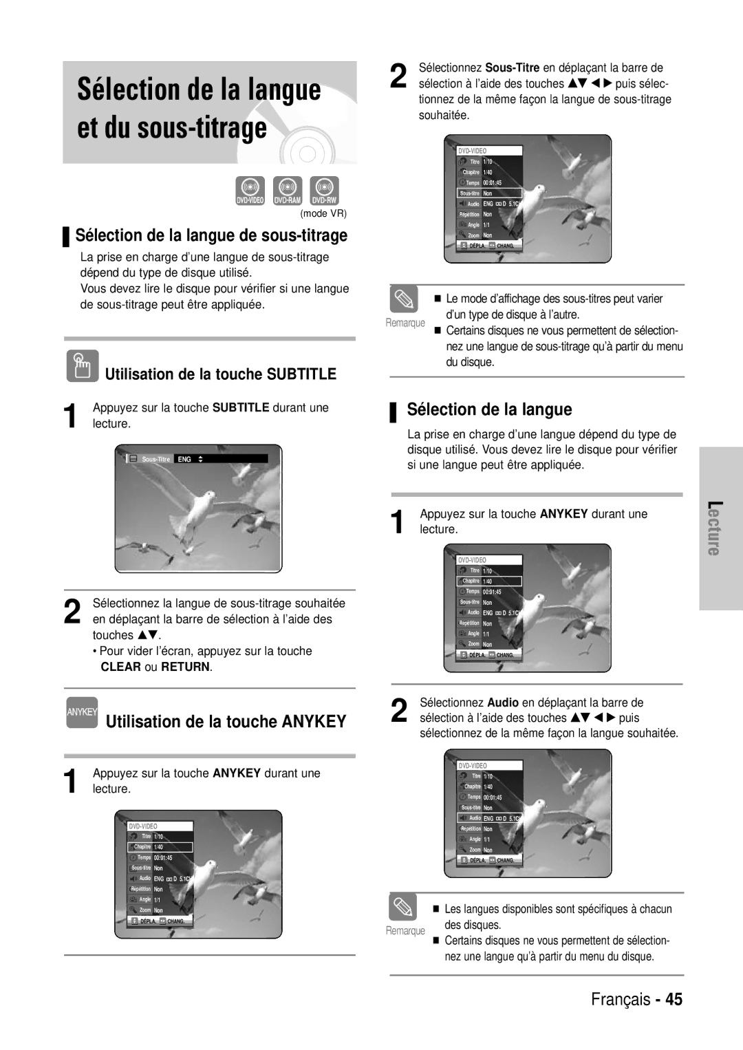 Samsung DVD-VR320/XEF Sélection de la langue et du sous-titrage, Utilisation de la touche Anykey, Sé lection de la langue 