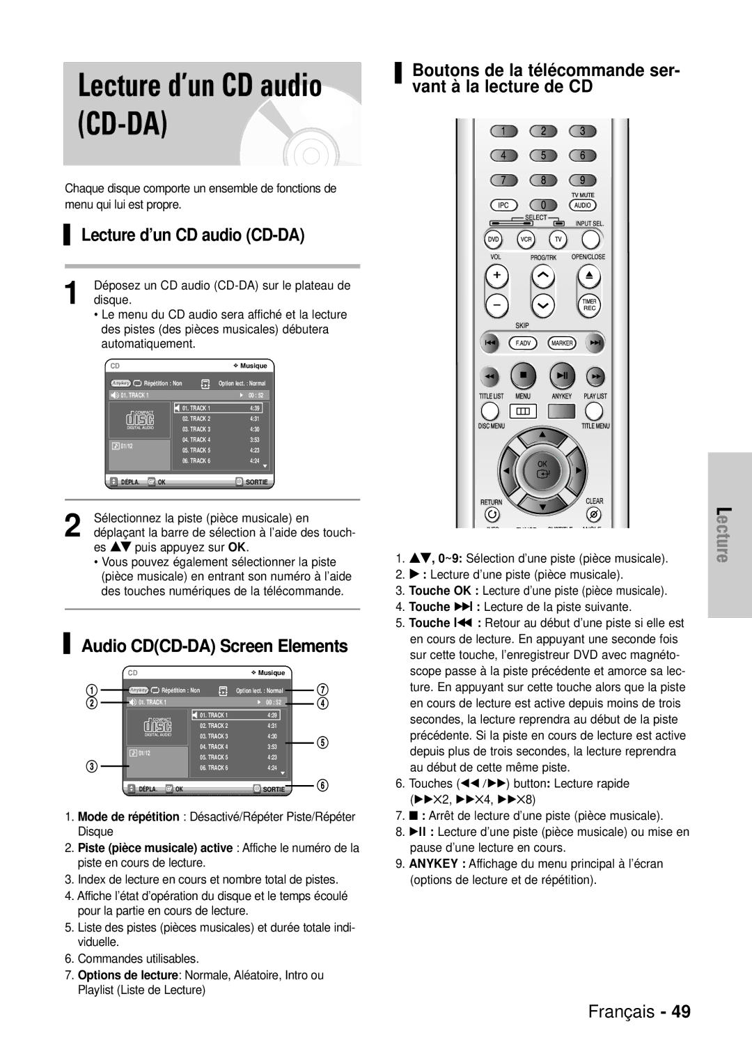 Samsung DVD-VR320/XEF, DVD-VR320P manual Lecture d’un CD audio CD-DA, Audio CDCD-DA Screen Elements 