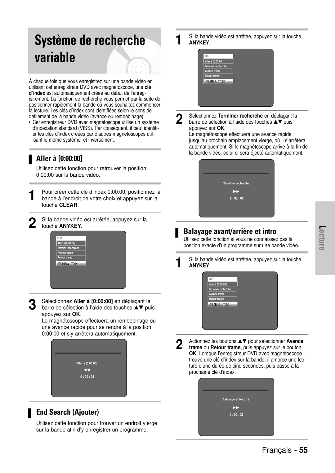 Samsung DVD-VR320/XEF, DVD-VR320P manual Système de recherche variable, Bande à l’endroit de votre choix et appuyez sur la 