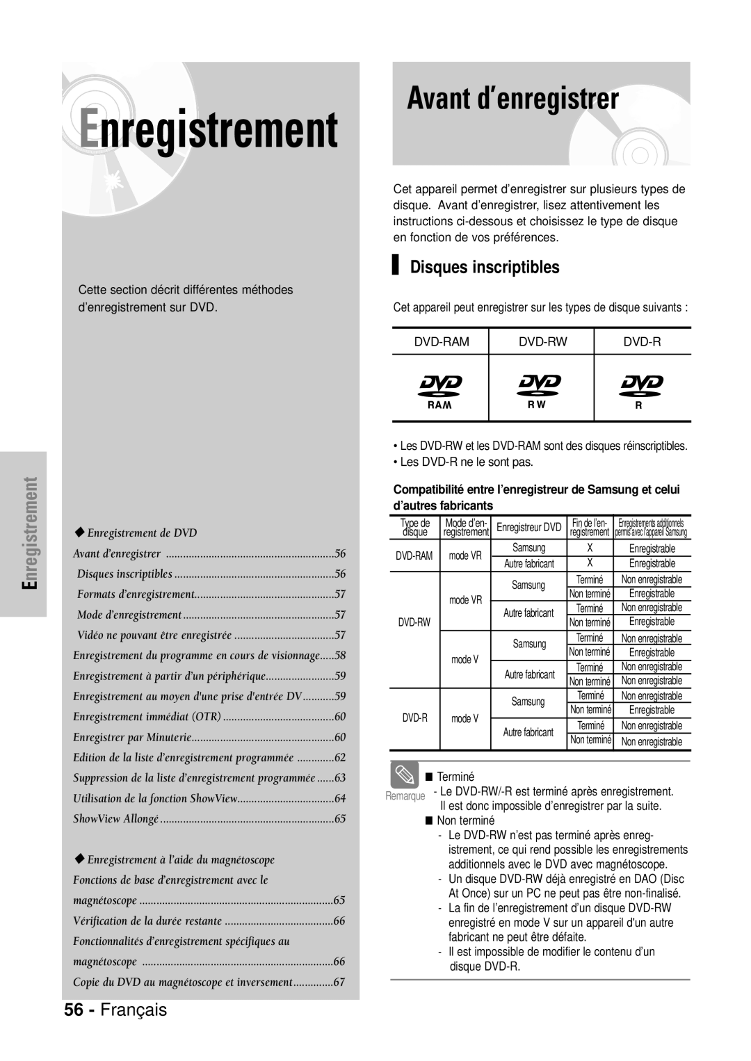 Samsung DVD-VR320P, DVD-VR320/XEF manual Avant d’enregistrer, Disques inscriptibles 