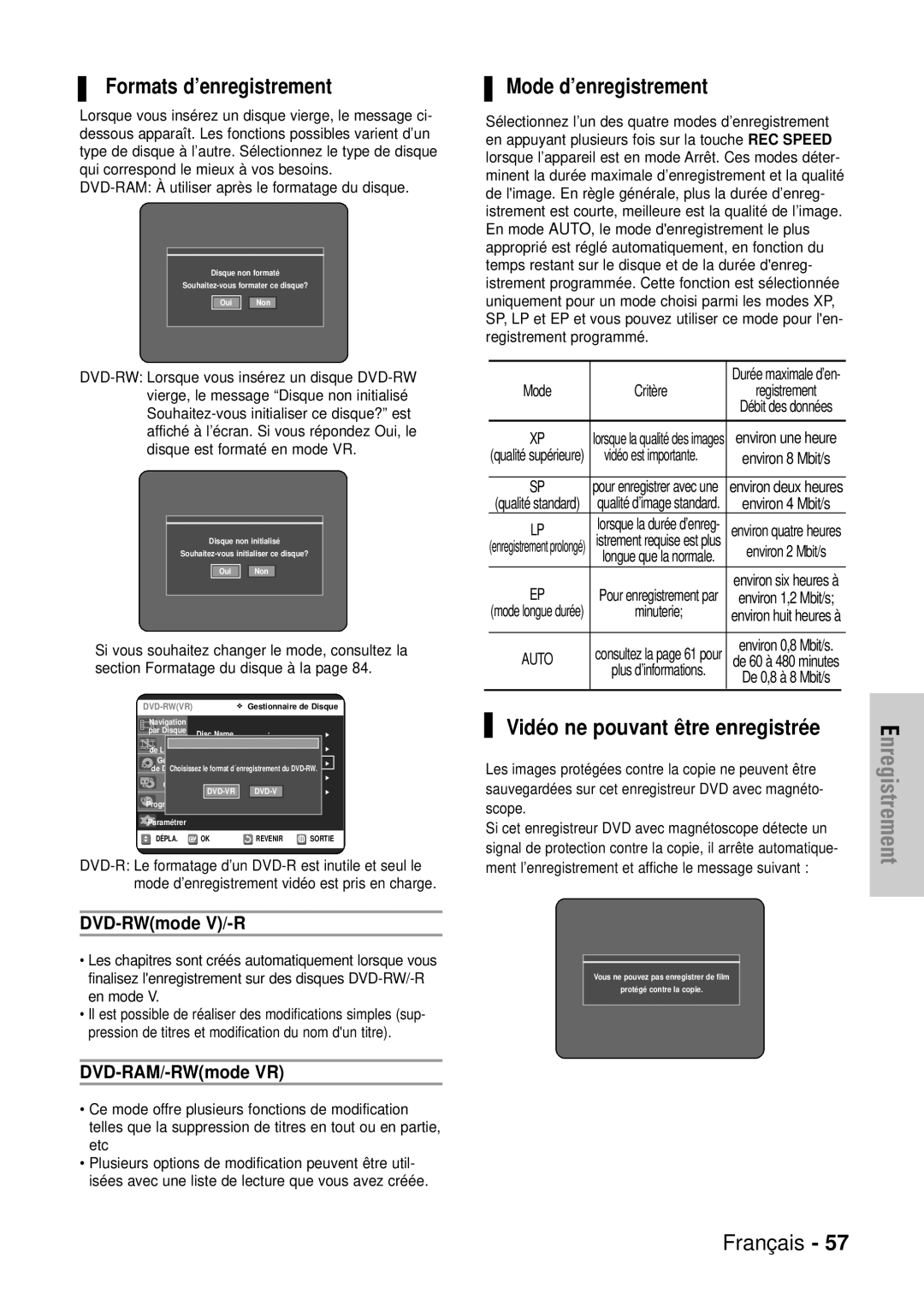 Samsung DVD-VR320/XEF, DVD-VR320P Formats d’enregistrement, Mode d’enregistrement, DVD-RWmode V/-R, DVD-RAM/-RWmode VR 