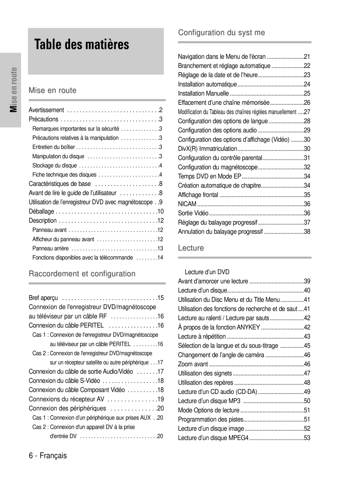 Samsung DVD-VR320P, DVD-VR320/XEF manual Table des matières, Au téléviseur par un câble RF 