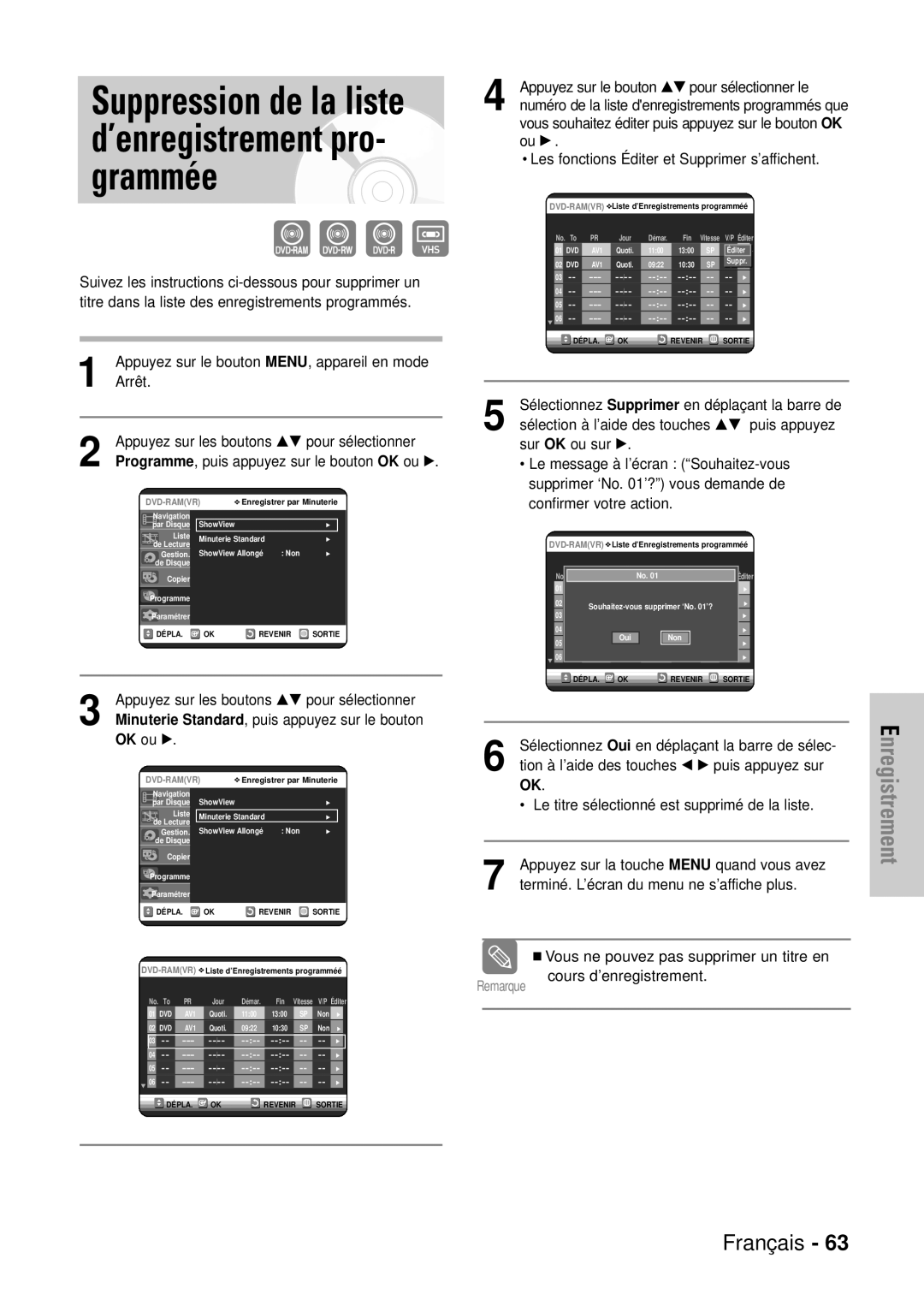 Samsung DVD-VR320/XEF, DVD-VR320P manual Suppression de la liste d’enregistrement pro- grammée, Cours d’enregistrement 