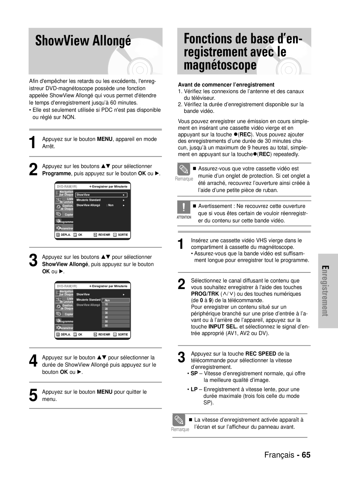 Samsung DVD-VR320/XEF manual ShowView Allongé, Avant de commencer l’enregistrement, Compartiment à cassette du magnétoscope 