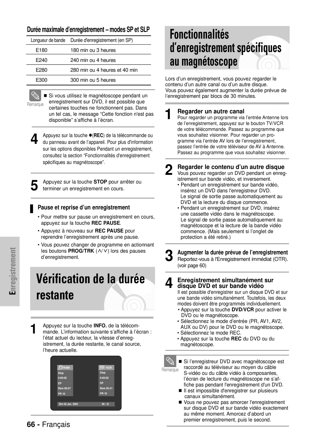 Samsung DVD-VR320P manual Fonctionnalités, Au magnétoscope, Vérification de la durée restante, Regarder un autre canal 