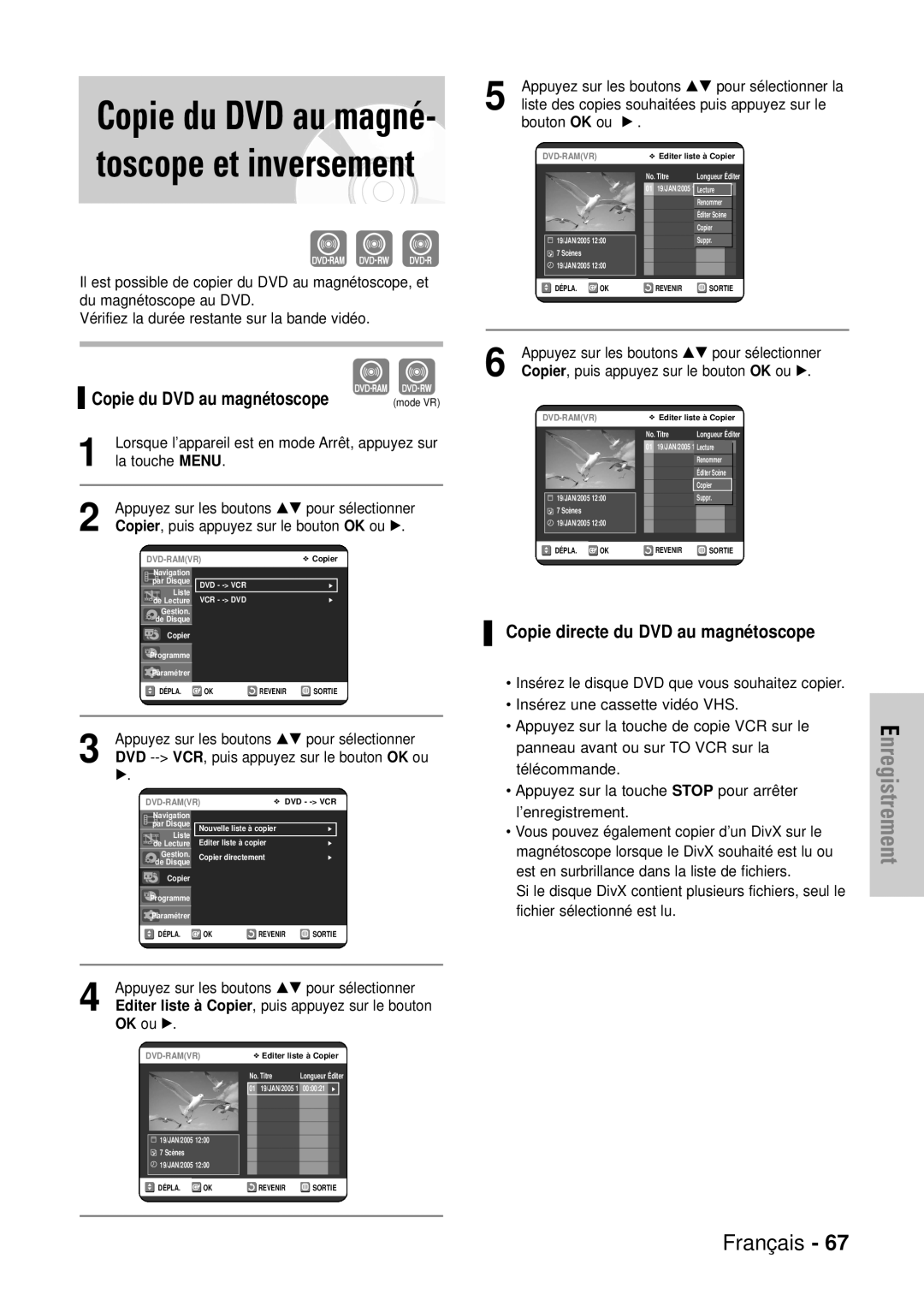 Samsung DVD-VR320/XEF Toscope et inversement, Copie du DVD au magnétoscope, Copie directe du DVD au magnétoscope, OK ou √ 