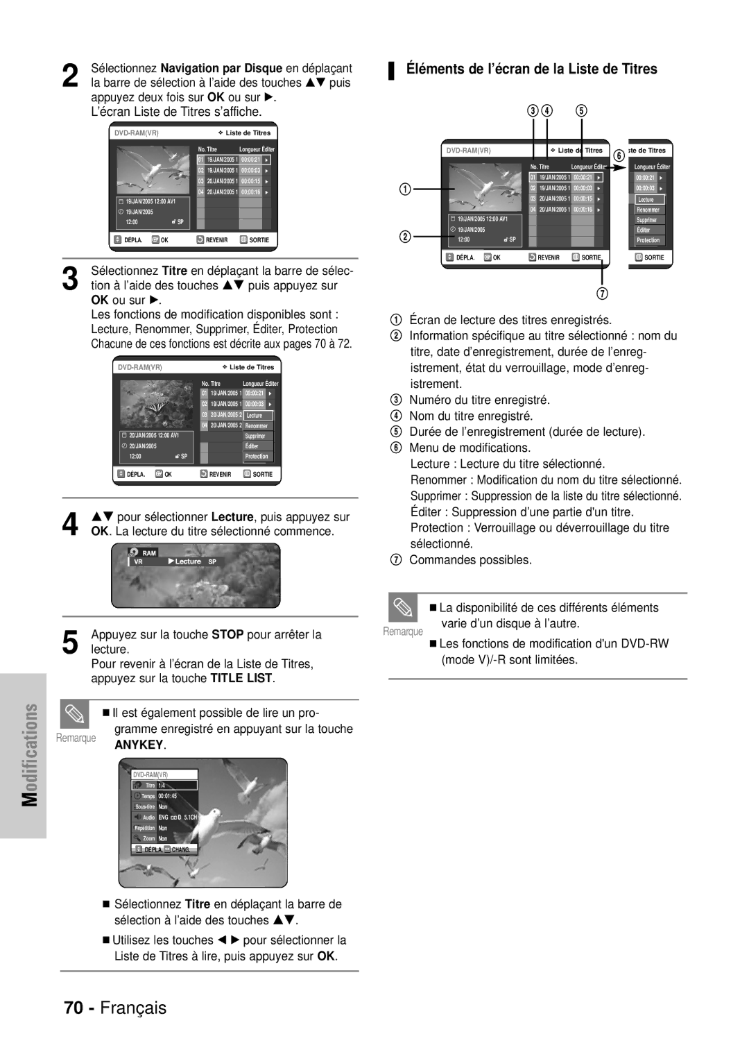 Samsung DVD-VR320P, DVD-VR320/XEF manual Éléments de l’écran de la Liste de Titres 