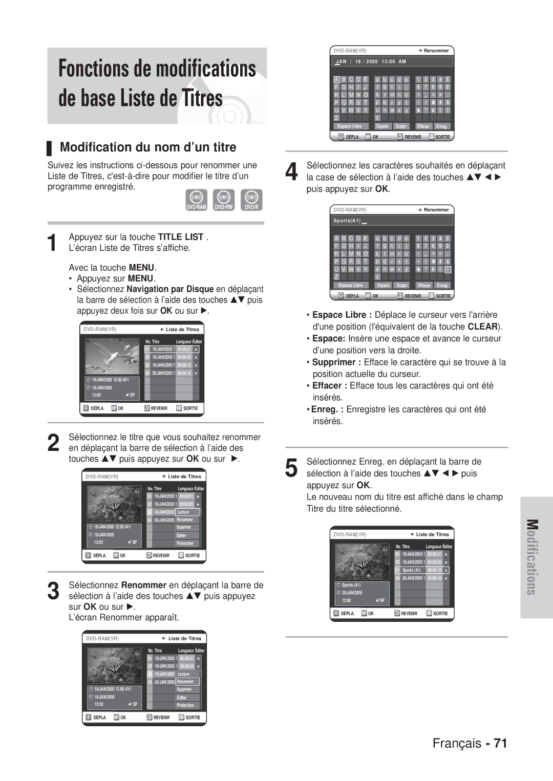 Samsung DVD-VR320/XEF, DVD-VR320P manual Modification du nom d’un titre, Appuyez sur OK, Titre du titre sélectionné 