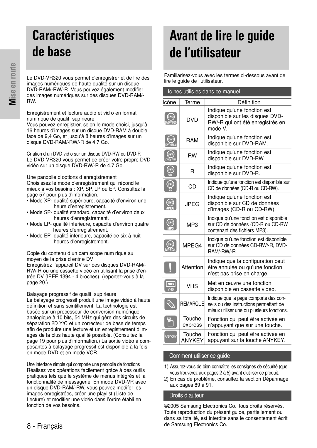 Samsung DVD-VR320P manual Caractéristiques, De base, Avant de lire le guide, Une panoplie d’options d’enregistrement 