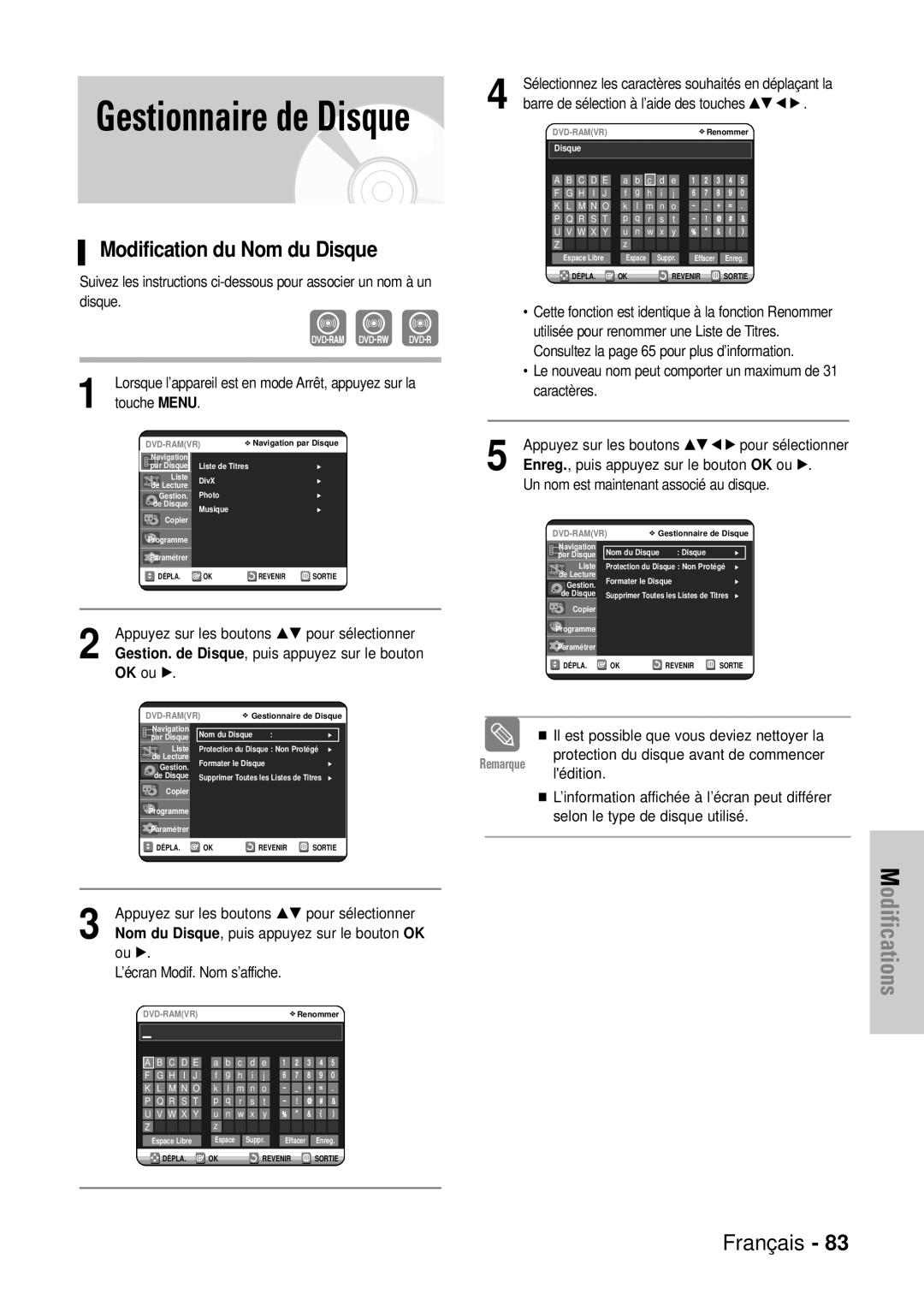 Samsung DVD-VR320/XEF, DVD-VR320P manual Modification du Nom du Disque, Touche Menu 
