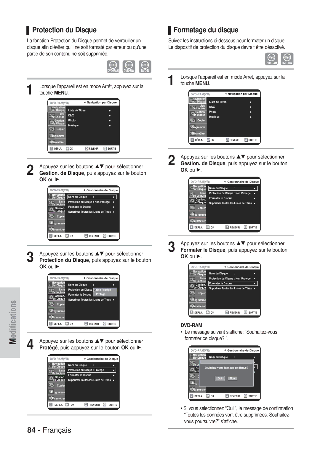 Samsung DVD-VR320P, DVD-VR320/XEF manual Protection du Disque, Formatage du disque 