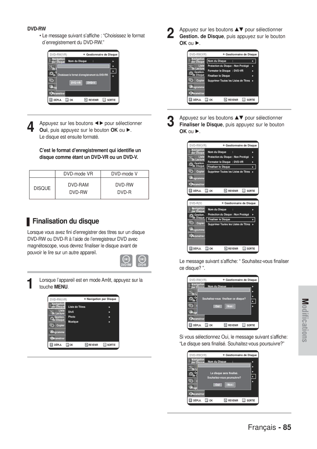 Samsung DVD-VR320/XEF, DVD-VR320P manual Finalisation du disque, Le disque est ensuite formaté, DVD-mode VR 