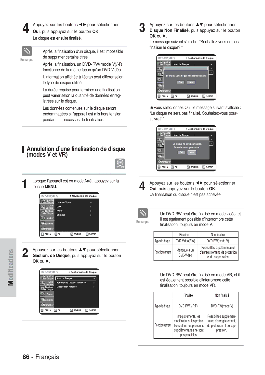 Samsung DVD-VR320P, DVD-VR320/XEF manual Annulation d’une finalisation de disque modes V et VR 