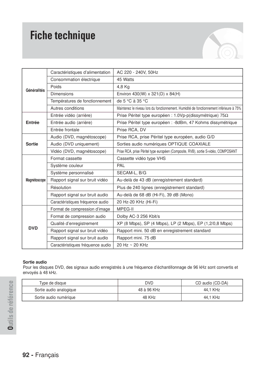 Samsung DVD-VR320P, DVD-VR320/XEF manual Entrée, Sortie 