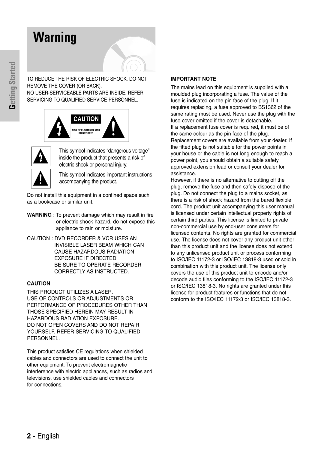 Samsung DVD-VR320P, DVD-VR320/XEF manual Getting Started, Important Note 